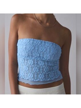 Urban Outfitters Pale Blue Floral Lace Strapless Crop Top